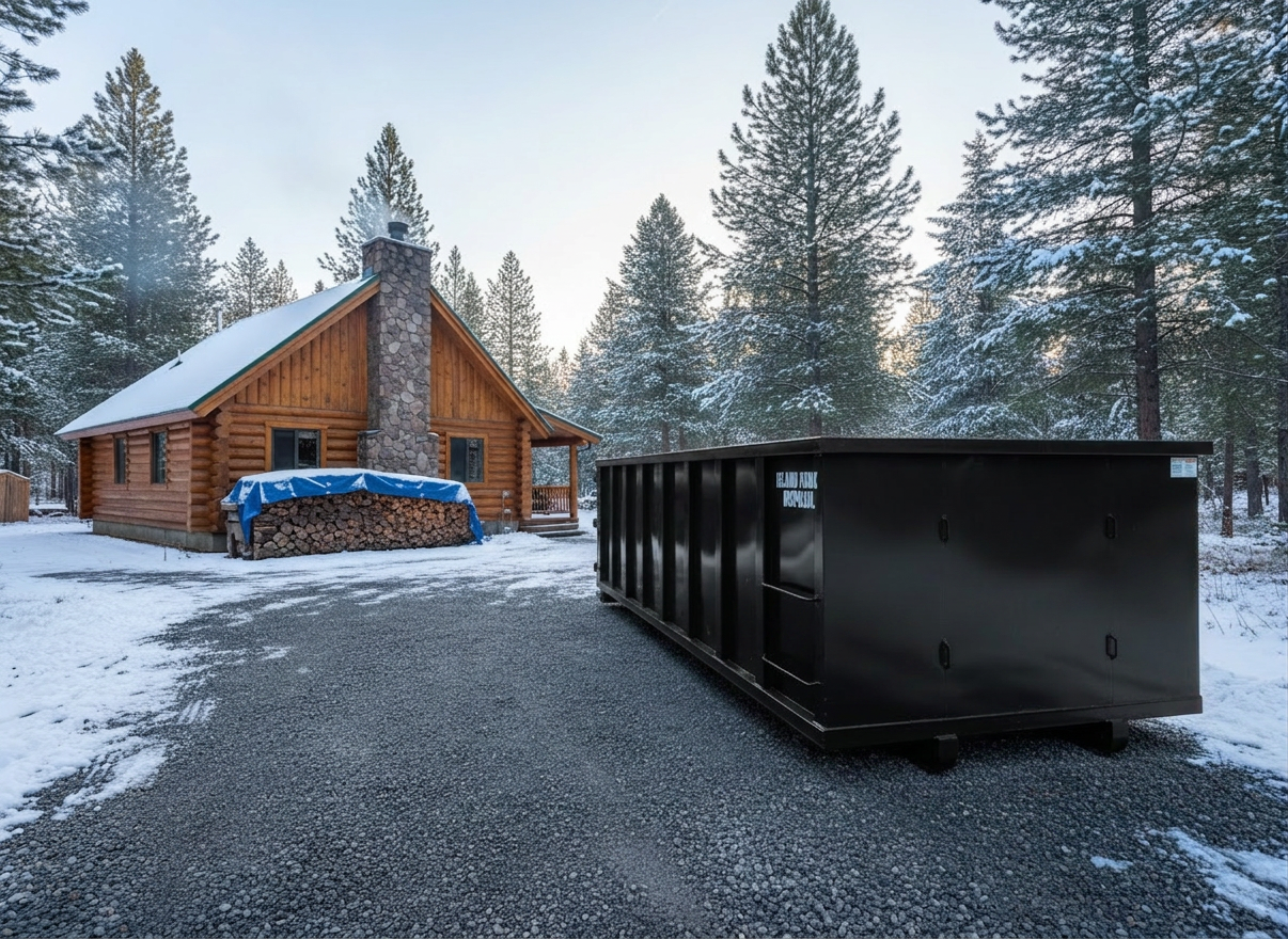 A medium-sized roll-off dumpster positioned beside a cozy Island Park vacation cabin, its dark green metal exterior contrasted against fresh snow and a neatly shoveled gravel driveway. The cabin’s natural log siding and a stack of firewood in the background hint at a seasonal rental cleanup or remodel. Gentle morning winter light reflects softly off the dumpster’s smooth surfaces, creating subtle highlights without glare. Captured from a slightly low angle in photographic realism, the composition uses rule of thirds to place the dumpster prominently while showcasing the forested setting. The mood is calm, efficient, and trustworthy, demonstrating that professional dumpster service fits seamlessly into both residential and cabin properties.