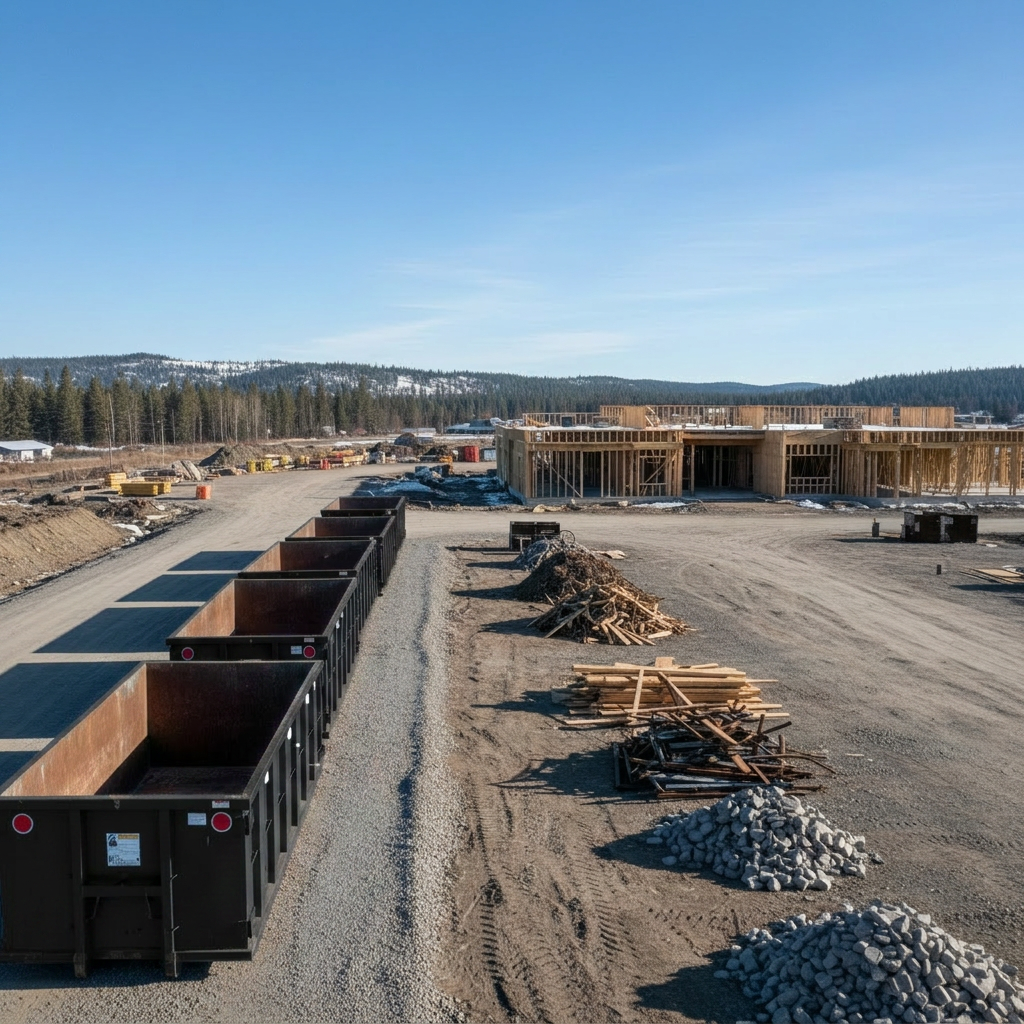 A spacious commercial construction site in Island Park, ID, showing multiple roll-off dumpsters neatly aligned along a clean gravel access road, each with bright safety reflectors and intact, straight edges. The foreground features a meticulously swept work area with sorted debris piles waiting for loading, while a partially framed commercial building rises in the midground. Snow-dusted conifer hills are visible on the horizon under a crisp blue sky. Diffused midday sunlight highlights the clean lines of the dumpsters and the organized job site. Captured at eye level with wide-angle photographic realism, the composition balances the dumpsters on one side and construction progress on the other, conveying a mood of professional coordination and dependable service.